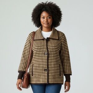 Jones New York 100% Merino Wool Sweater / Jacket Dark Brown w Tan Pockets